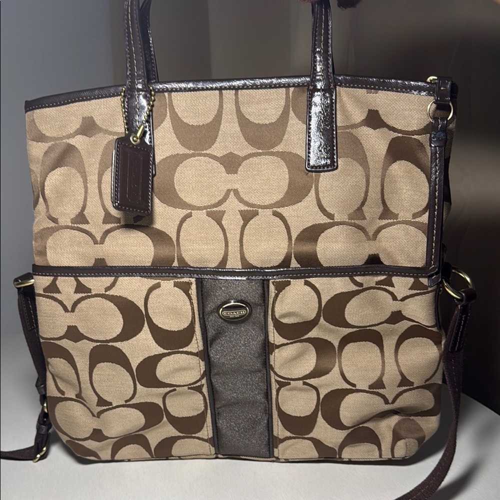 Coach Tan and Brown Signature Fold Over Tote Crossbody Bag
